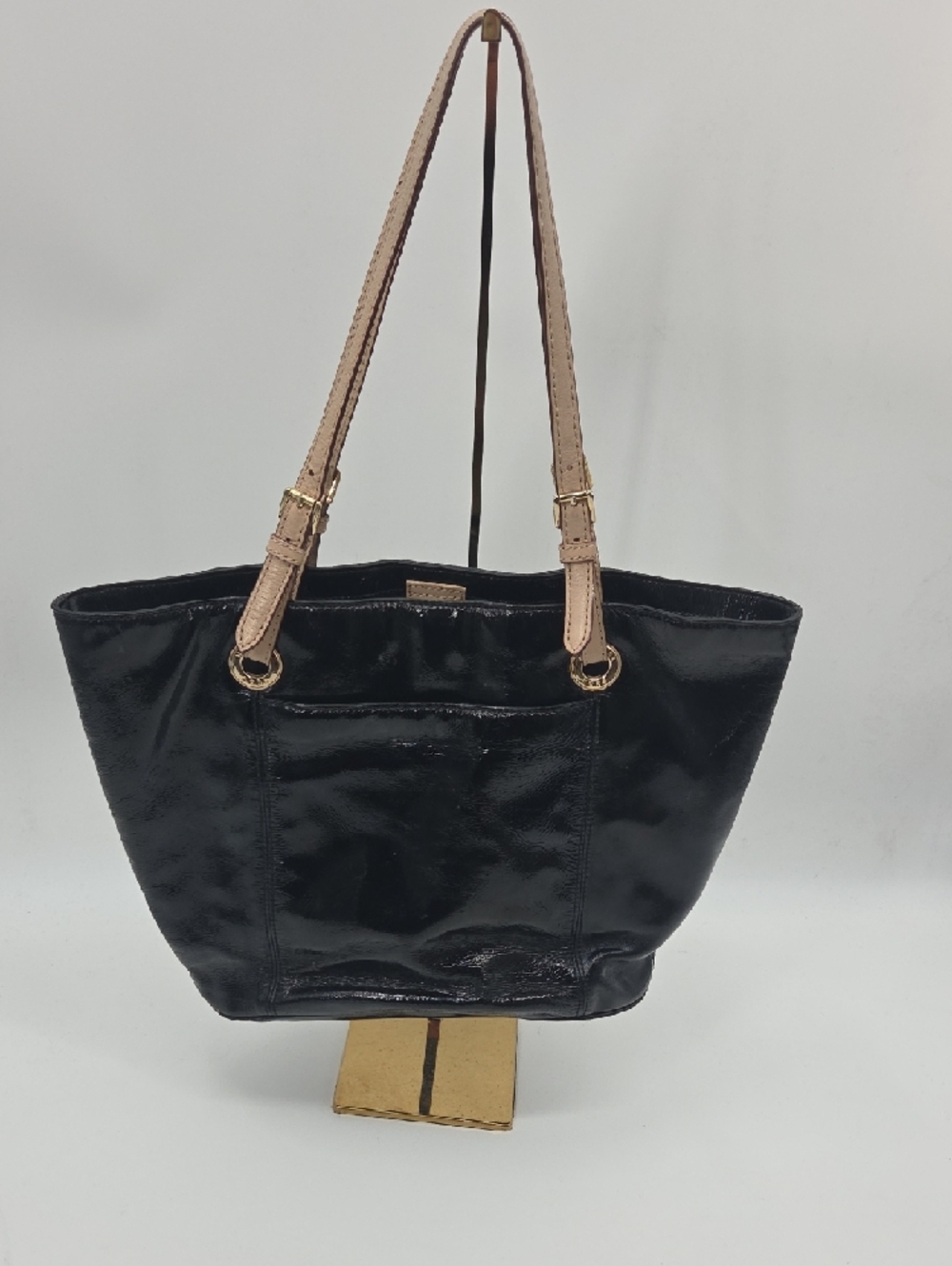 Michael Kors Black Patent Tote with Tan Straps and Gold MK Charm - Picture 9 of 16